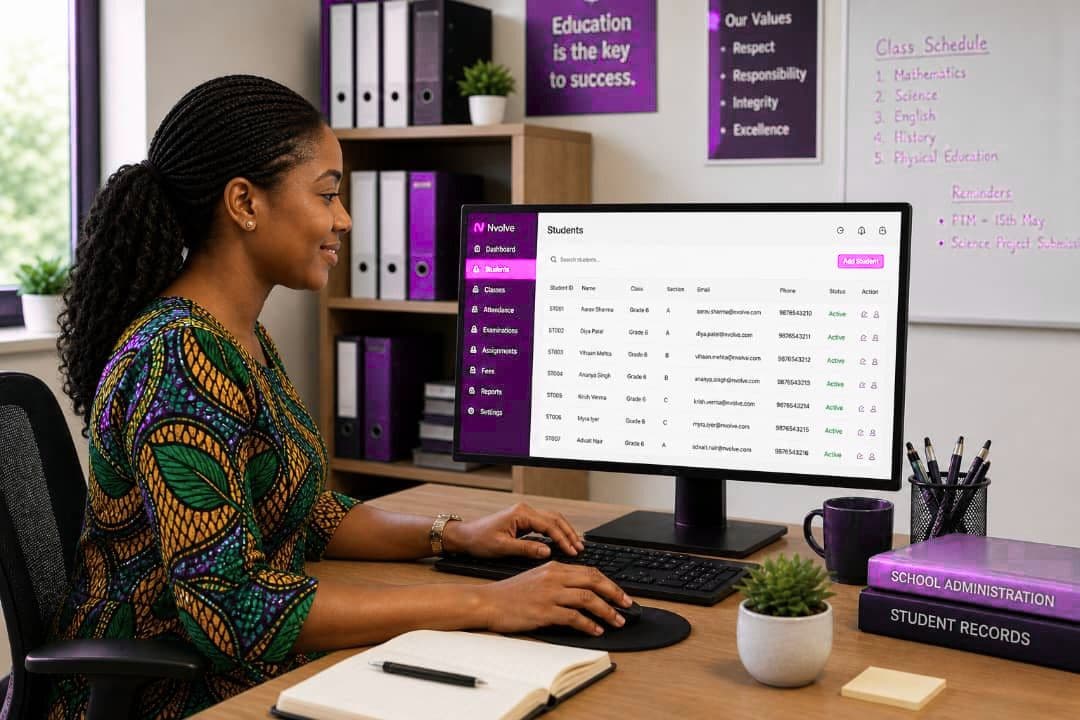 School administrator managing student records on the Nvolve system