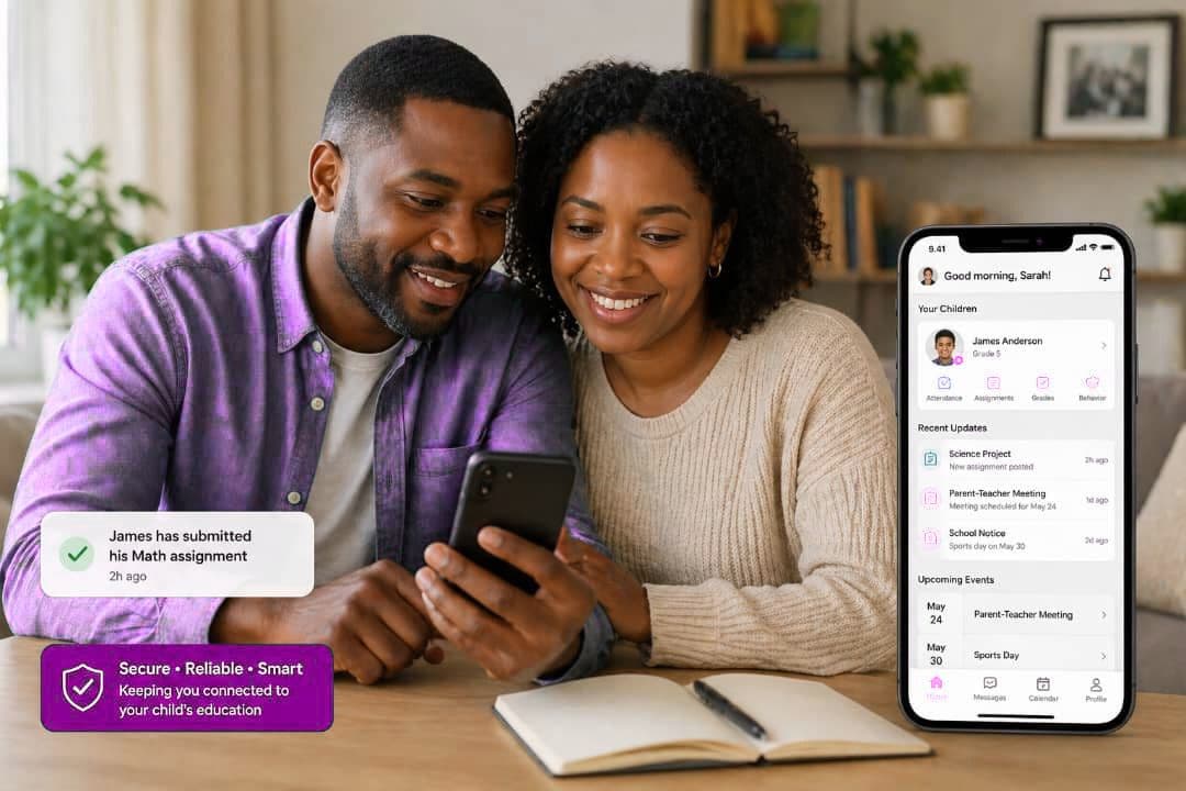 Parents checking school updates together on a mobile phone